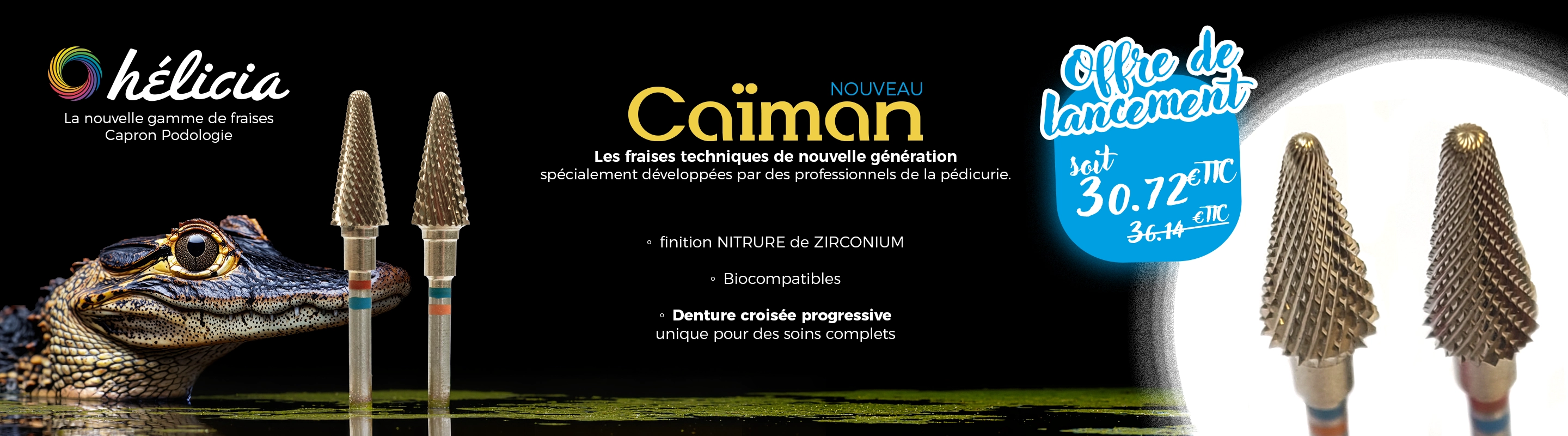 La nouvelle fraise CaÏman de la gamme Hélicia est présentée en ligne. Un caiman à droite, une description des fraises au milieu et un Zoom de la denture à droite.